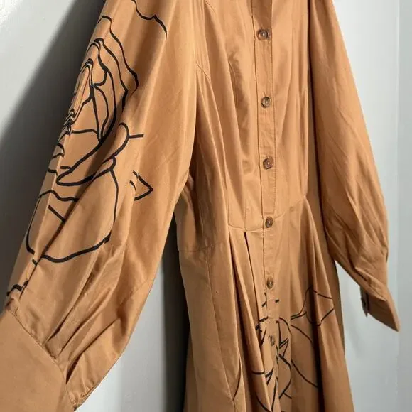 Anthropologie Printed Poplin Shirtdress 18 Tan Floral Line Art Midi Dress - Picture 6 of 9